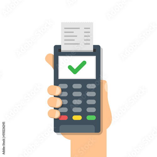 Male hand holding POS payment machine icon in flat style. Online payment vector illustration on isolated background. Banking transaction sign business concept.