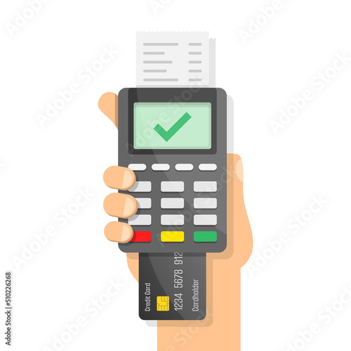 Male hand holding POS payment machine icon in flat style. Online payment vector illustration on isolated background. Banking transaction sign business concept.