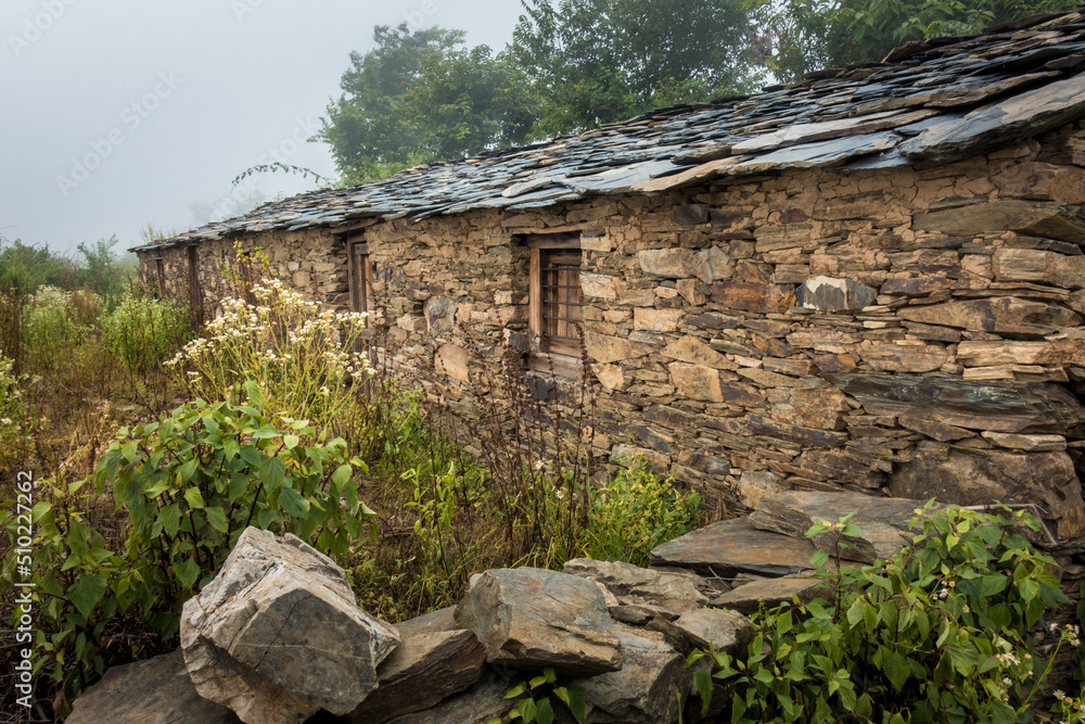 A traditional home in himalayan region of Uttarakhand India made of rocks. These small houses are also called CHANNI means house under stars.