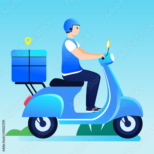 Courier delivering on a motorcycle with various plants and buildings in the background, vector illustration