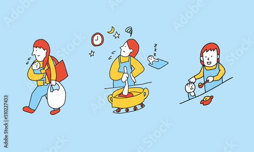 ワンオペ育児　一人で頑張るワーキングマザーのイラスト
