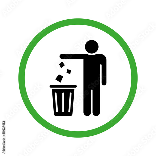 Throw Litter in Bin Silhouette Green Icon. Disposal Waste Glyph Pictogram. Tidy Man Throw Rubbish in Can Sign. Keep Clean Icon. Allowed Drop Trash in Bin. Isolated Vector Illustration
