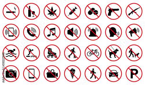 Forbidden Pictogram Set. Attention Restriction Zone Black Silhouette Icon. Caution Red Stop Circle Symbol. Warning No Allowed Round Sign. Prohibited Ban Collection. Isolated Vector Illustration