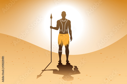 African man with traditional body art and ethnic dress, standing on a sandy landscape background, while holding a spear. Massai tribe warrior vector illustration.