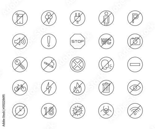 Icon set of warning symbols. Prohibition signs. Flat vector illustration..