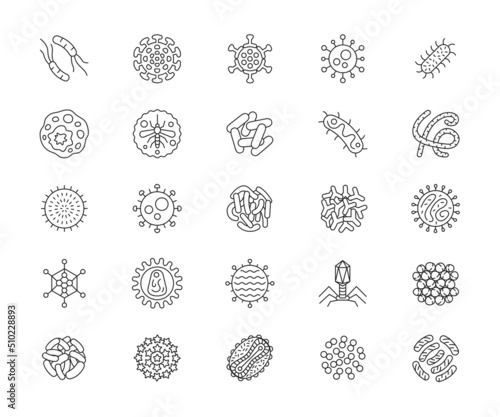 Icon set of bacteria, microbes and viruses isolated on white background. Vector illustration.
