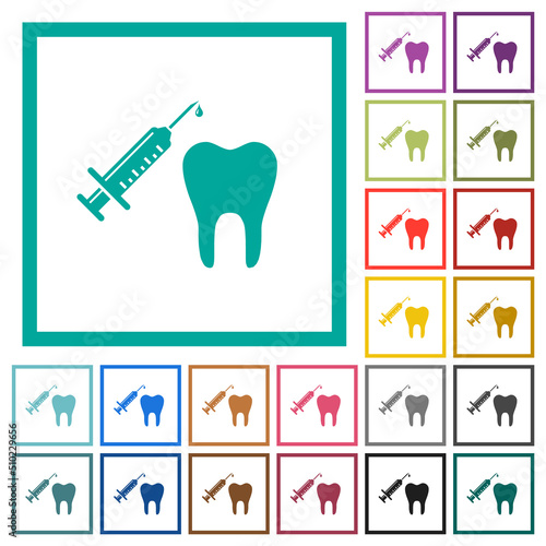 Tooth anesthesia flat color icons with quadrant frames