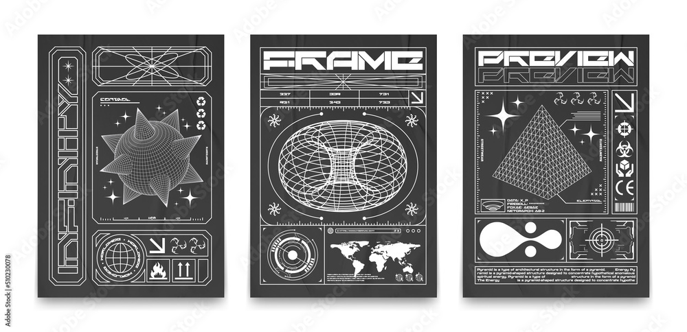 Posters with wireframe 3D torus, pyramids, and spheres with spikes. In techno style, prints for T-shirts, sweatshirts and hoodies. Isolated on black background Posters with wireframe 3D torus, pyramids, and spheres with spikes. In techno style, prints for T-shirts, sweatshirts and hoodies. Isolated on black background
