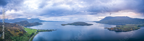 Panorama of Sunset over Ardmair, Isle Martin and Loch Canaird, Ullapool, Loch Broom, West Scotland, UK photo
