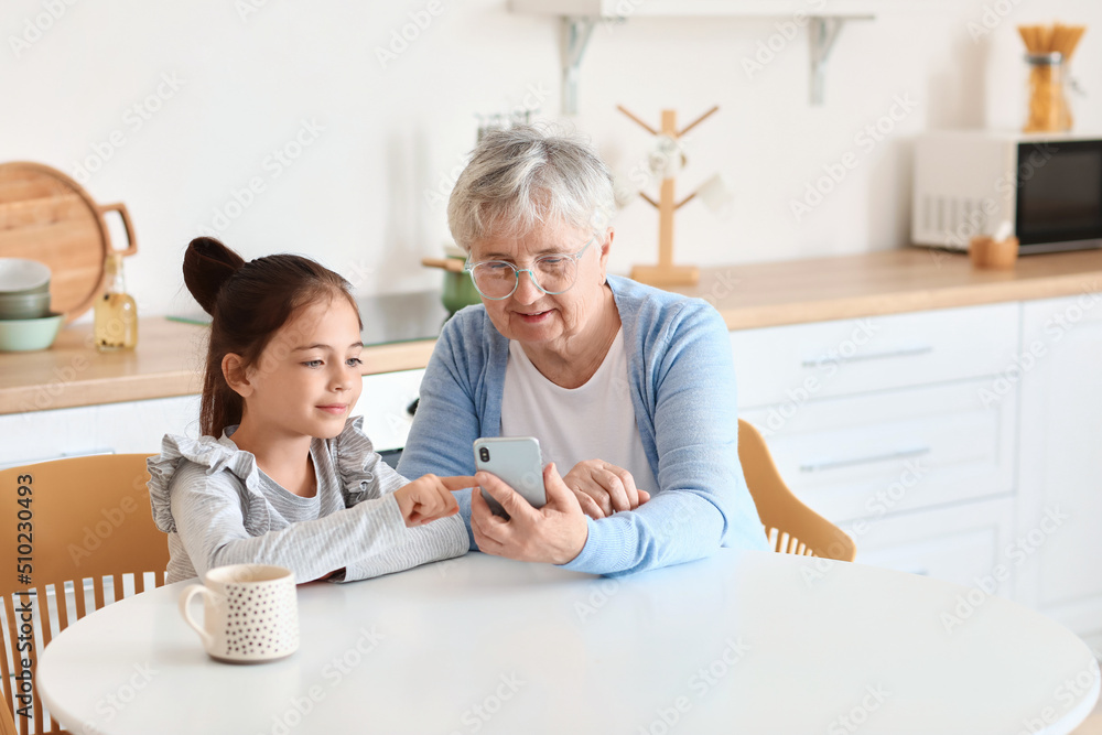 Little girl with her grandma using mobile phone in kitchen