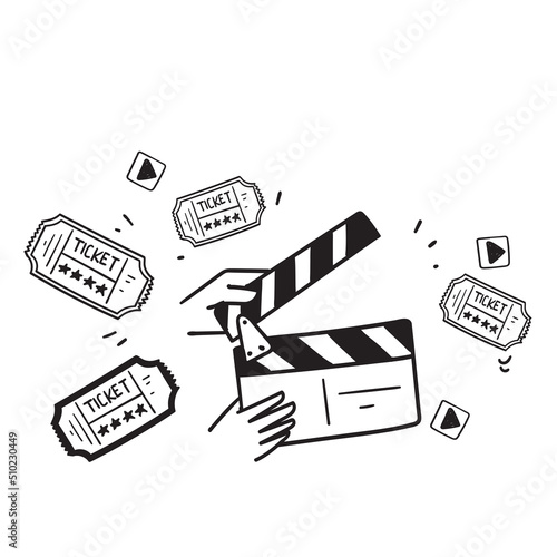 hand drawn doodle clapper board and ticket illustration vector