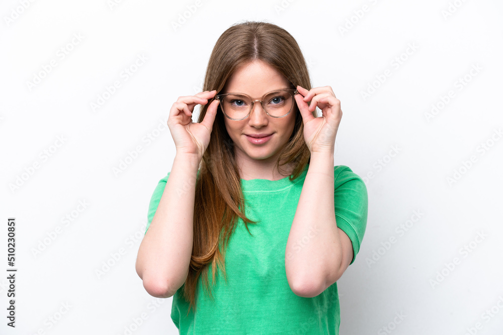 Young caucasian woman isolated on white background With glasses with happy expression Young caucasian woman isolated on white background With glasses with happy expression