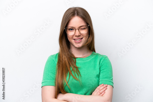 Young caucasian woman isolated on white background With glasses and happy expression © luismolinero
