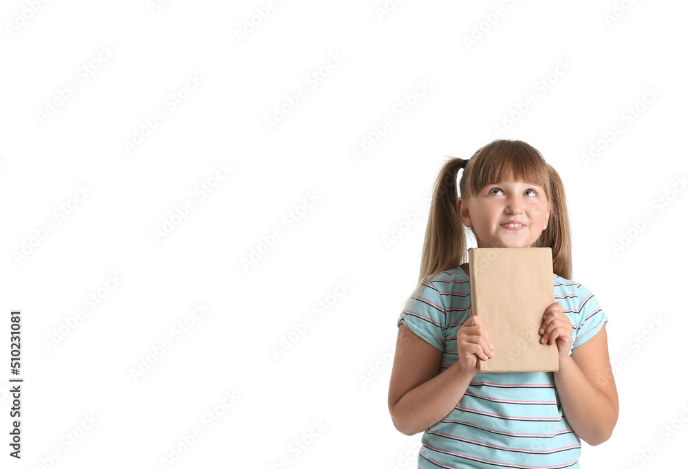 Little girl with ponytails holding book on white background Little girl with ponytails holding book on white background