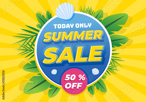 Summer Sale banner, hot season discount poster with tropical leaves. Special offer card, template for design background.