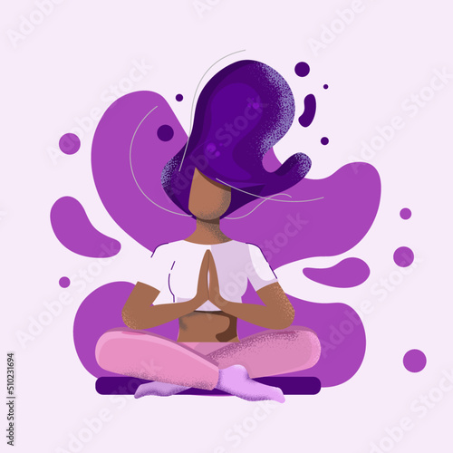 yoga lotus pose, meditating girl, flat design of a yoga woman, mindfulness flat illustration with a girl sitting in a pose of lotus