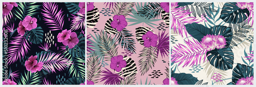 Tropical set with exotic flowers. Jungle wallpaper. Design for paper, cover, fabric, interior decor and other users.