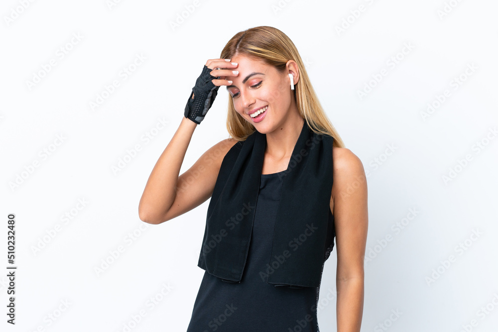 Blonde Uruguayan sport girl isolated on white background laughing Blonde Uruguayan sport girl isolated on white background laughing