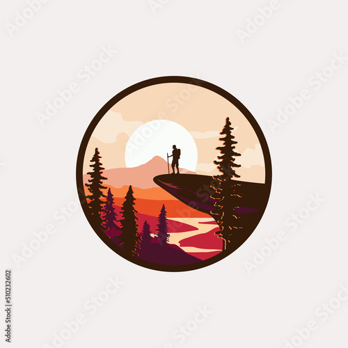 Hiking traveler rounded badge or logo or emblem design template with man silhouette standing on the mountain peak with sunset on background. Vintage styled vector illustration