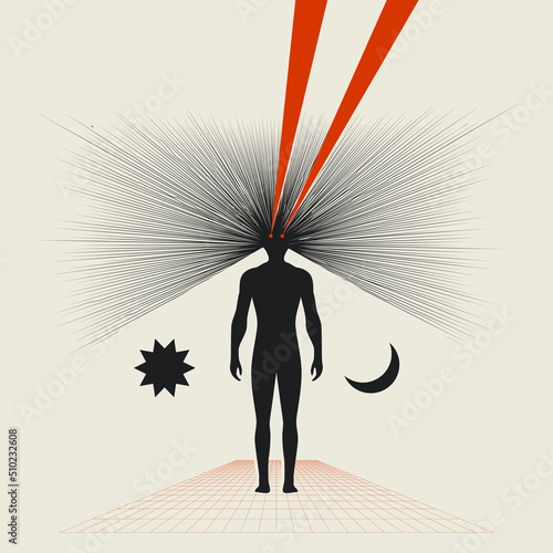 Abstract human of the future conceptual retro futurism illustration with man black silhouette laser beams from his eyes. Vector illustration