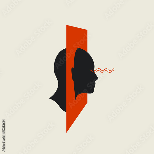 Human face looking forward through the mirror conceptual psychologic illustration about imagination or vision or self development. Isolated on white background. Vector illustration