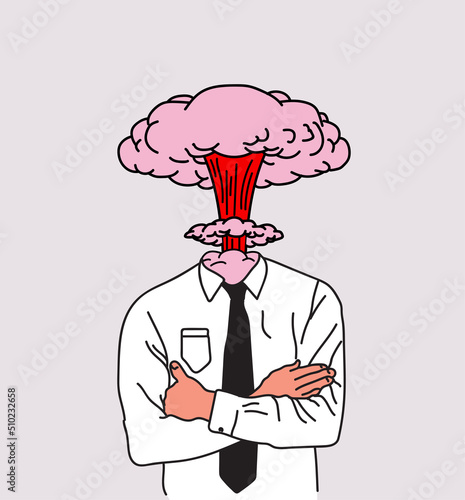 Overworked businessman or office clerk illustration with man character doodle  with explosion of the head. Concept of mental burnout and overload. Vector illustration