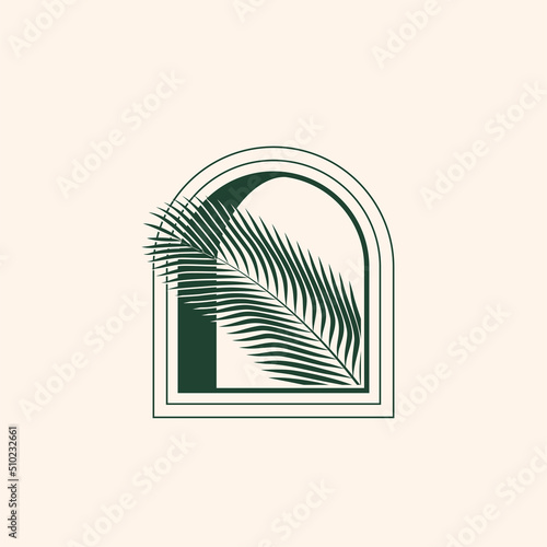 Minimalistic palm tree leaf coming out from arch window silhouette logo design template for exotic summer vacation or cosmetic industry. Isolated on white background. Vector illustration