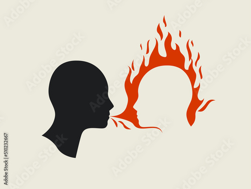 Quarrel or conflict or bullying concept illustration with human heads silhouettes isolated on white background