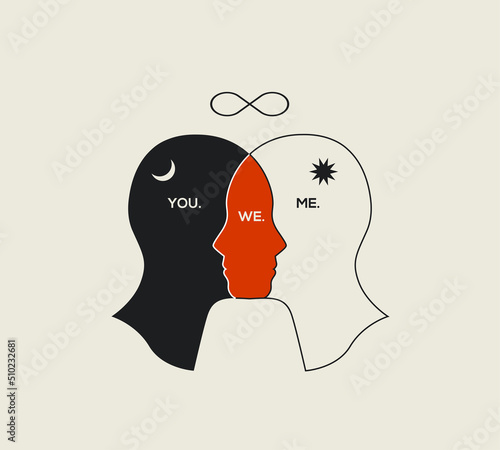 Relationships psychology concept abstract illustration with couple human heads silhouettes isolated on white background. Vector illustration