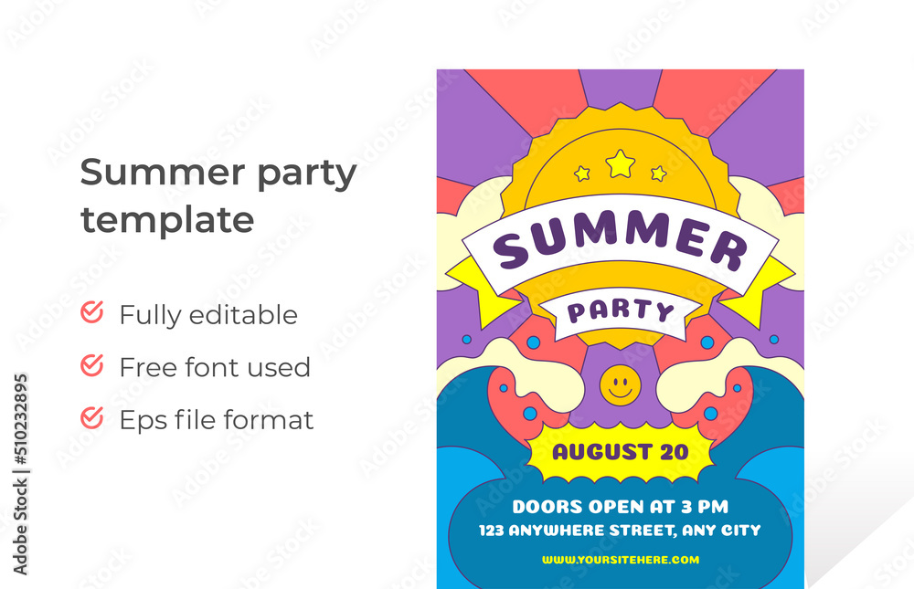 Summer party flyer event invitation pop art vector illustration.