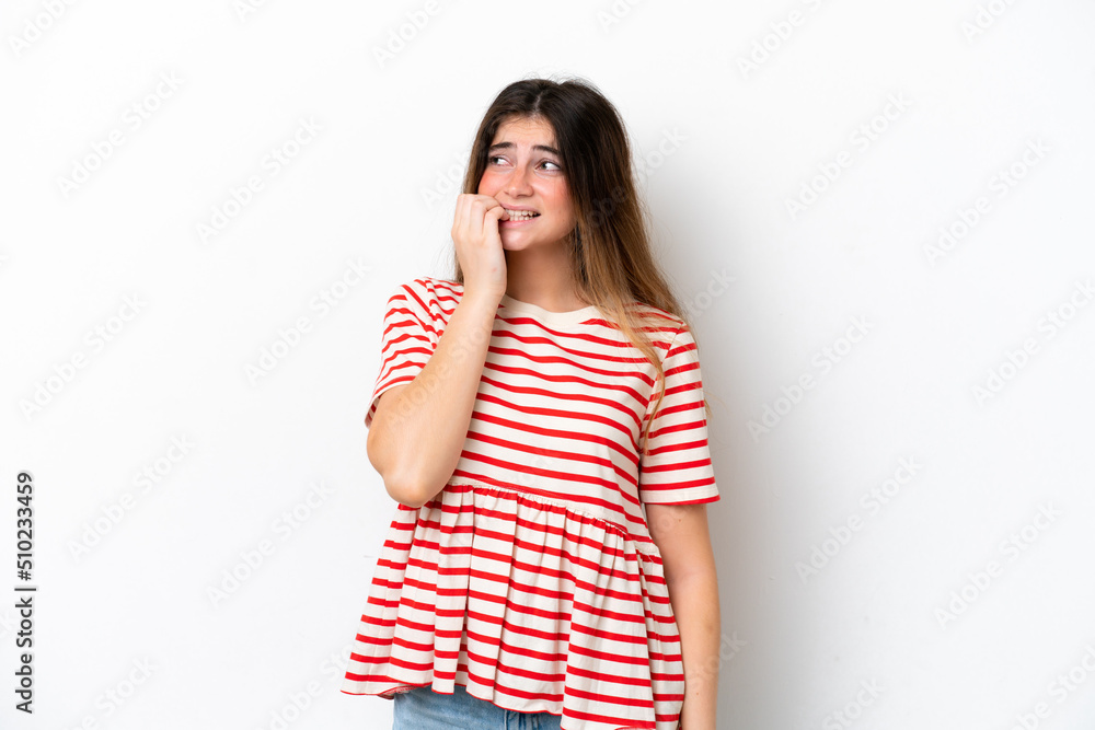 Young caucasian woman isolated on white background is a little bit nervous Young caucasian woman isolated on white background is a little bit nervous