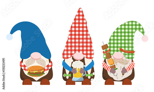 Summer barbecue gnomes holding burger  beer  and roasted sausage and kebab. Isolated on white background. Summer holiday design.