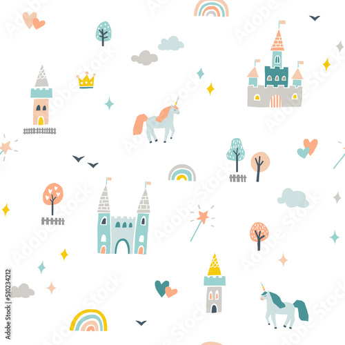Cute fairytale pattern with castles and unicorns