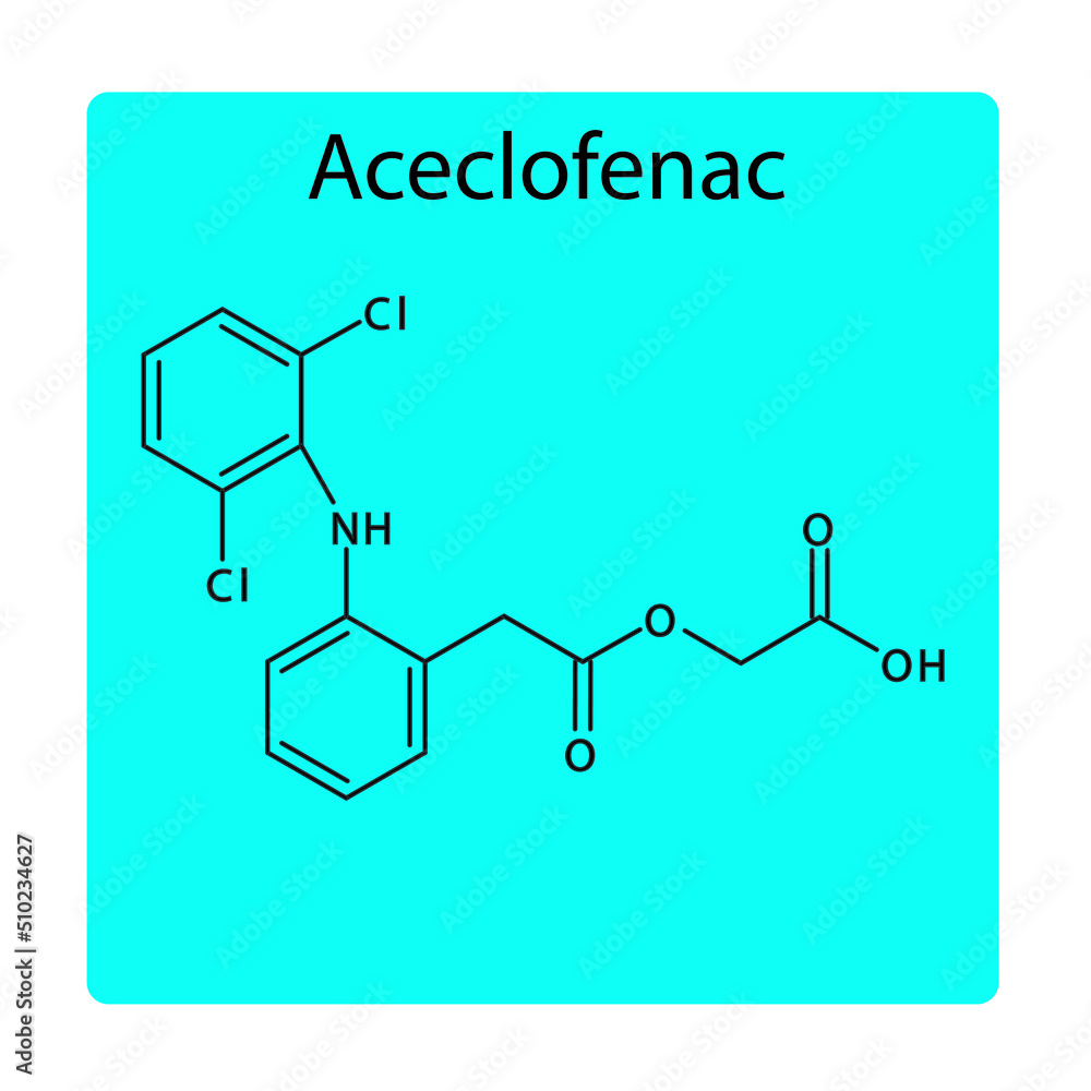 Aceclofenac molecular structure, flat skeletal chemical formula. NSAID drug used to treat osteoarthritis, pain, rheumatoid arthritis, ankylosing spondylitis. blue background Vector illustration.