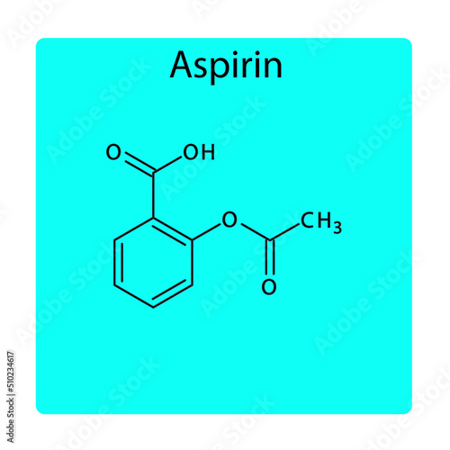 Aspirin molecular structure, flat skeletal chemical formula. NSAID drug used to treat Fever, angina, ischemic stroke. blue background Vector illustration.