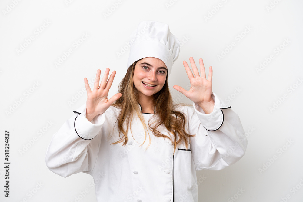 Young caucasian chef woman isolated on white background counting ten with fingers Young caucasian chef woman isolated on white background counting ten with fingers