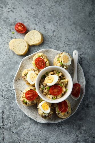 Tuna rillettes with egg and olives
