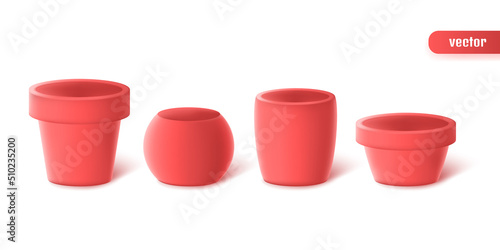 Set of pots in different shapes. Realistic red ceramic flower pots isolated on white background. Vector illustration