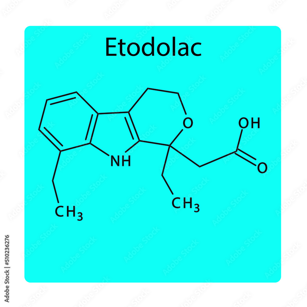 Etodolac molecular structure, flat skeletal chemical formula. NSAID