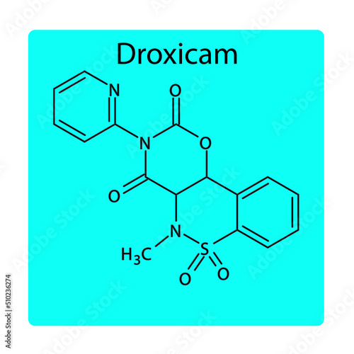 Droxicam molecular structure, flat skeletal chemical formula. NSAID drug used to treat rheumatoid arthritis, osteoarthritis. blue background Vector illustration.