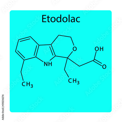 Etodolac molecular structure, flat skeletal chemical formula. NSAID drug used to treat pain, arthralgia, mylagia, dental pain, rheumatoid arthritis, osteoarthritis.  Vector illustration