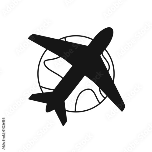 Airplane silhouette and earth globe vector icon photo