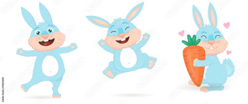 Collection of cute blue cartoon rabbits. The rabbit hugs a big carrot, dances, jumps for joy