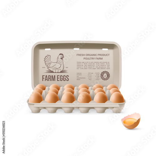Fresh Organic Brown Chicken Eggs in Open Carton Pack, or Egg Container Isolated on White Background. Eighteen Large Eggs from Farm in Brand Pack