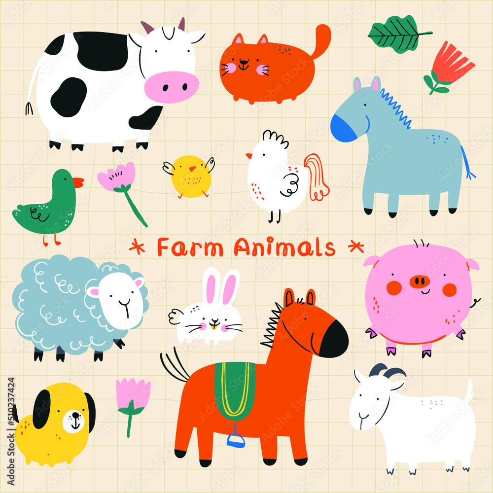 Hand Drawn Cute Farm Animal for Kids