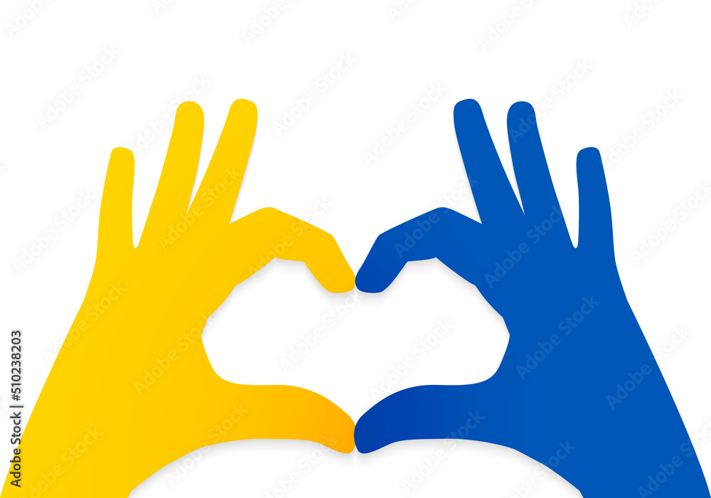 Fototapeta premium Love Ukraine concept. Hands in heart form painted in blue and yellow color, the colors of the national flag of Ukraine. Isolated on white background.