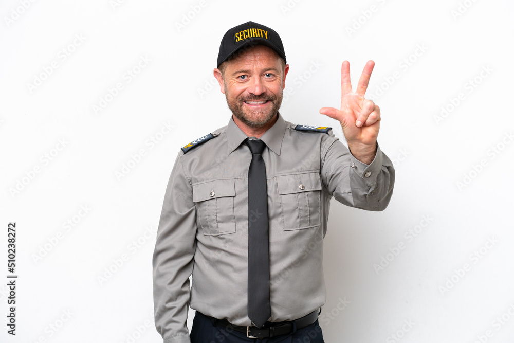 Middle age security man isolated on white background happy and counting three with fingers Middle age security man isolated on white background happy and counting three with fingers