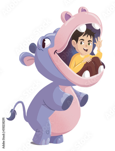 illustration of boy with hippopotamus