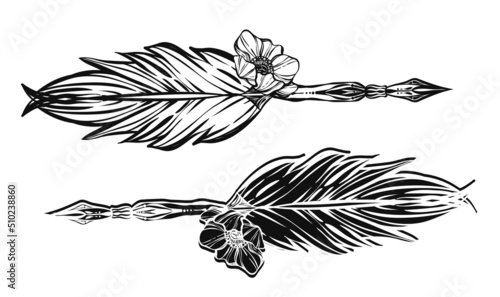 Vector illustration. Feather Quill Pen, write in ink. Handmade, postcard, stickers