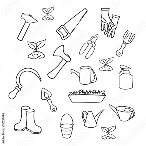 A large set of garden tools for caring for plants, vector illustration , A set of pictures, a coloring book